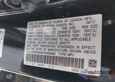 2017 Honda Cr-V Ex из США, поврежденный, VIN 2HKRW2H51HH655882